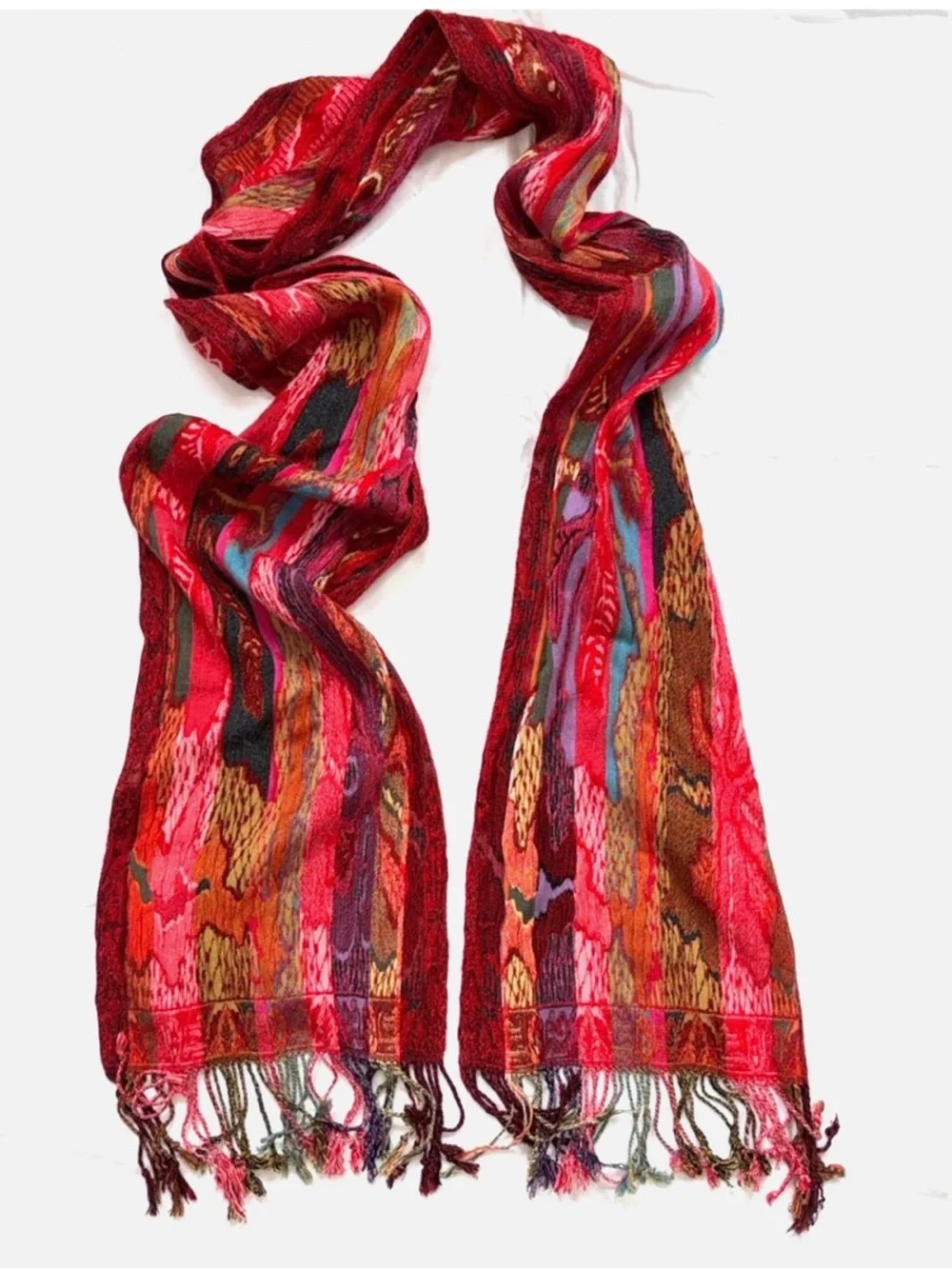 Silk Viscose Fringe Scarf Wrap Shawl Red Multicolor Boho Festival Lightweight